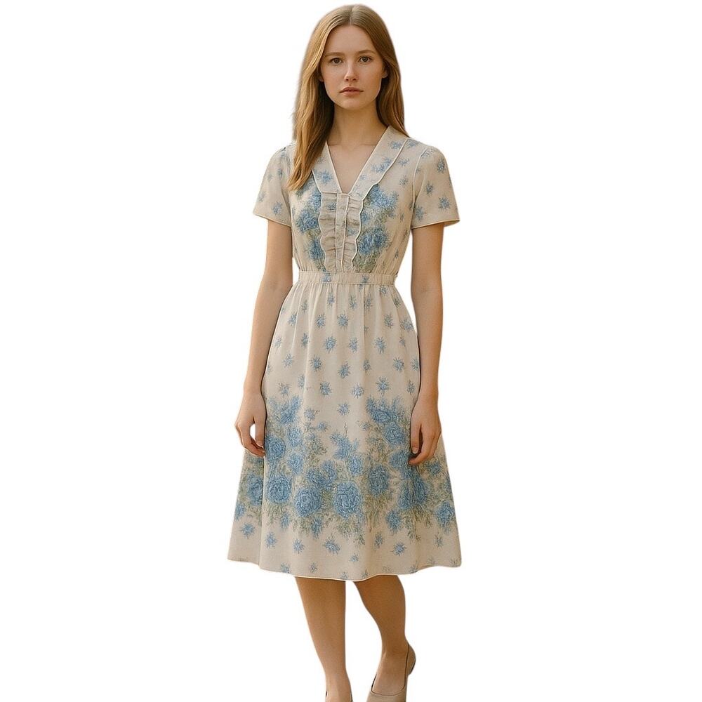 Marilu lingerie white blue floral V neck nightgown slip summer dress small
